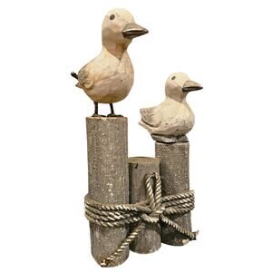 Two Seagulls on Wood Pier Posts Hand Made Figurine Decor Nautical Maritime Rope
